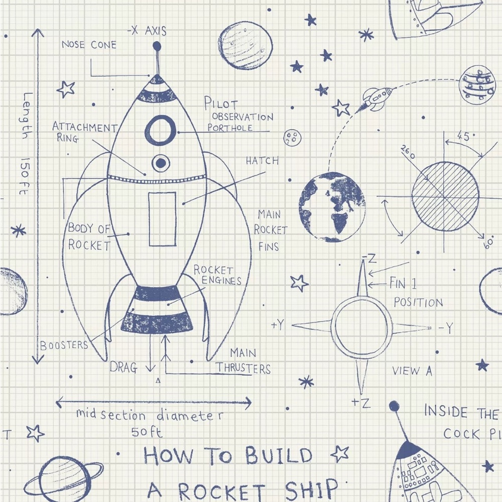 Wallquest wallpaper DA60702 Rocket Ship White and Navy kids room playroom bundle